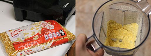 A two-image collage. The left image shows a bag of popcorn on a counter. The right image shows the inside of a high speed blender bowl holding ground cornmeal.
