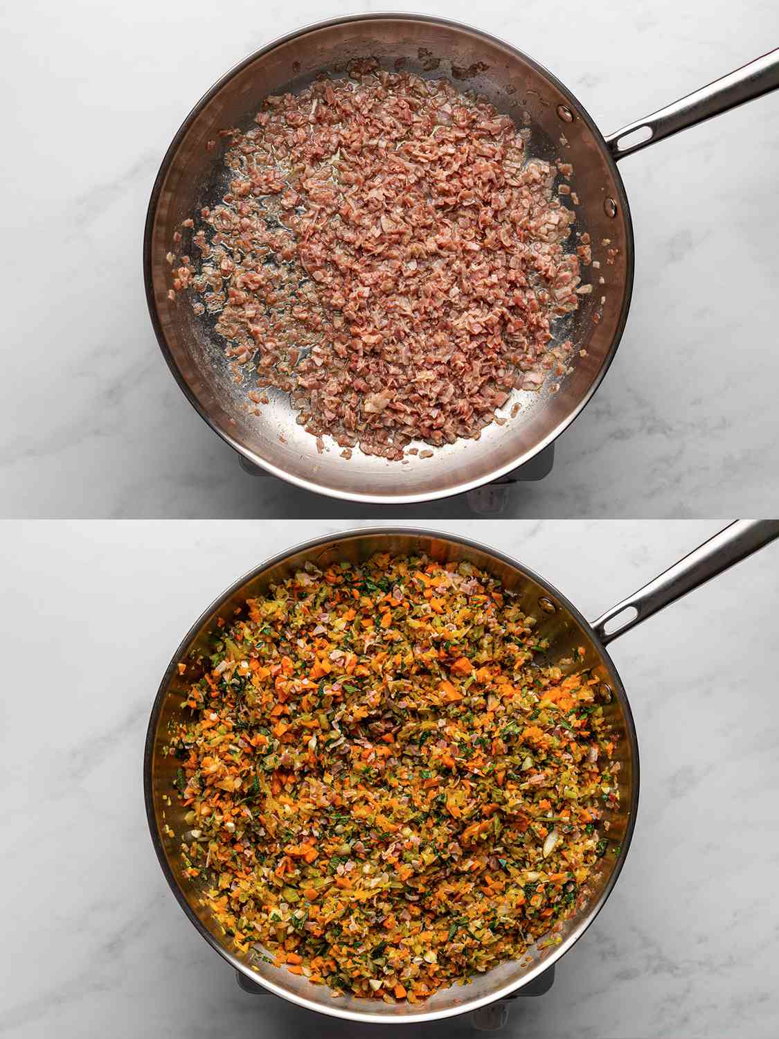 A two-image collage. The top image shows butter and pancetta in a stainless steel skillet, with the fat rendered out but the meat not yet browned. The bottom image shows the onion, carrots, celery, garlic, sage, and half of parsley softened (but not browned) inside skillet with the pancetta.