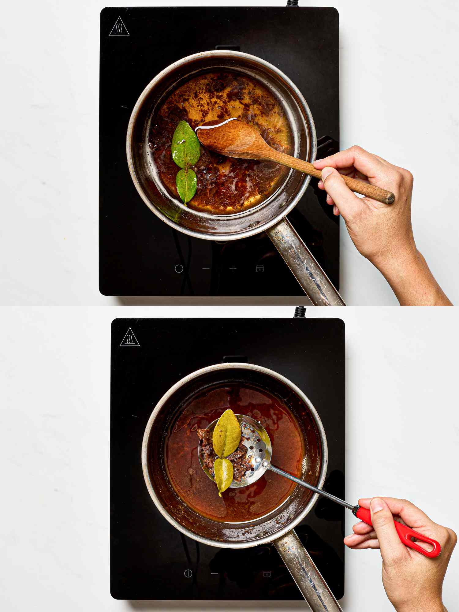 Two image collage of cooking tamarind paste and removing leaves 