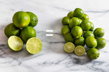 A pound of Persian limes on the left and a pound of Key limes on the right; they are on a marble countertop. 