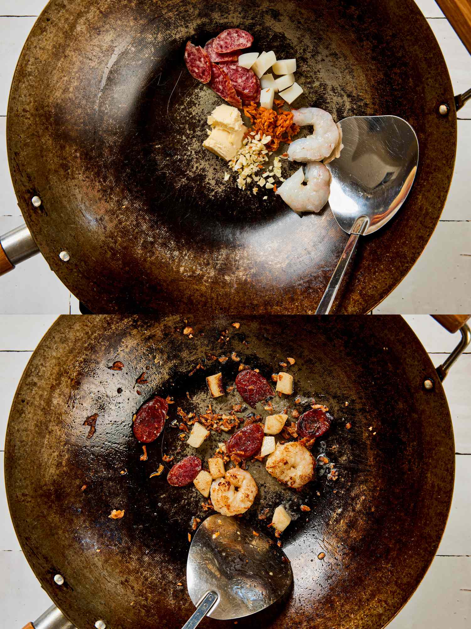 Two stages of cooking ingredients in a wok including sausages shrimp and seasonings showing progression from raw to partially cooked