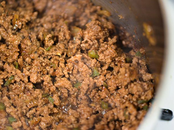 Closeup of the cooked taco meat mixture.