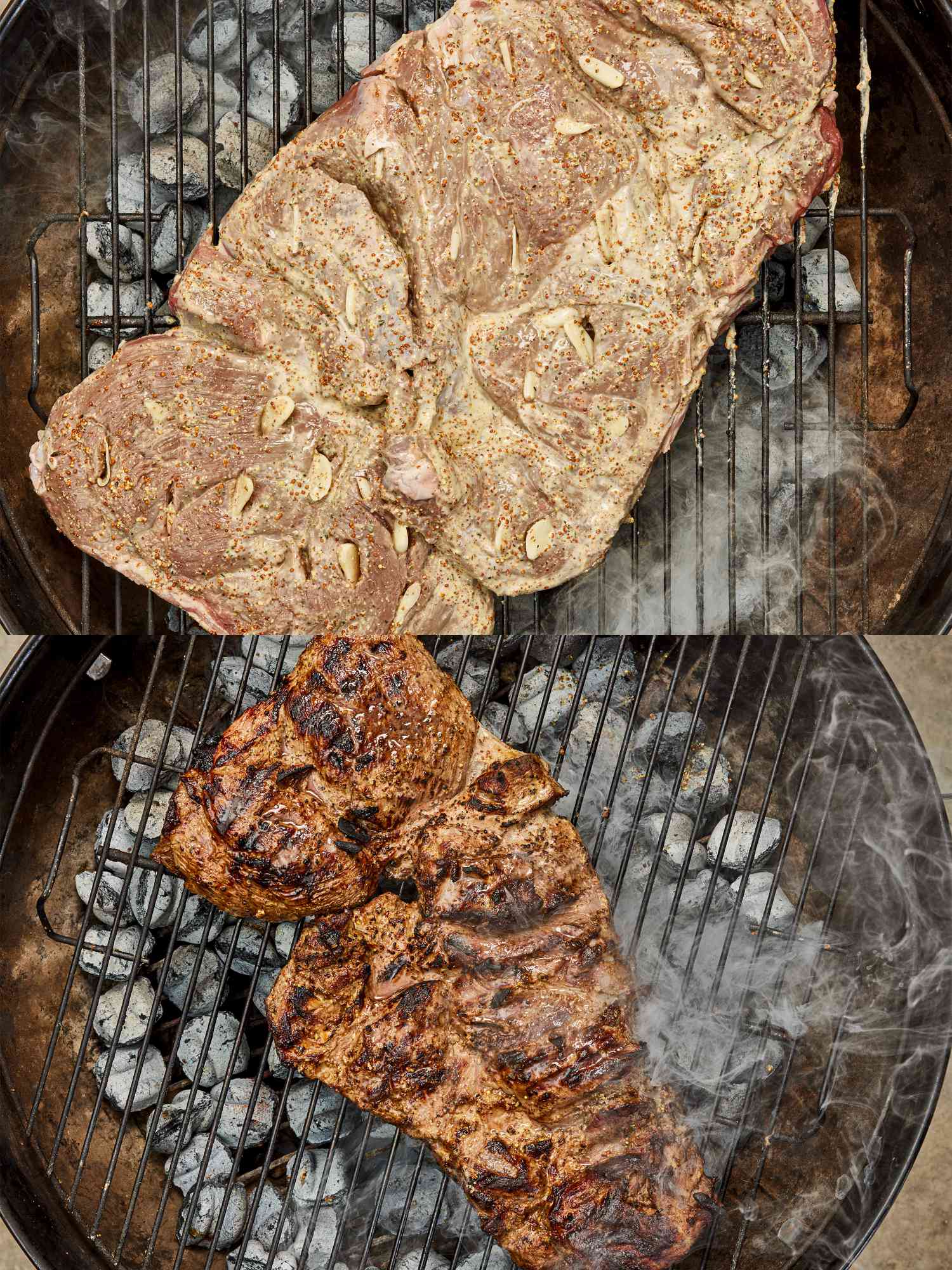 Two image collage of lamb placed on grill and flipped over