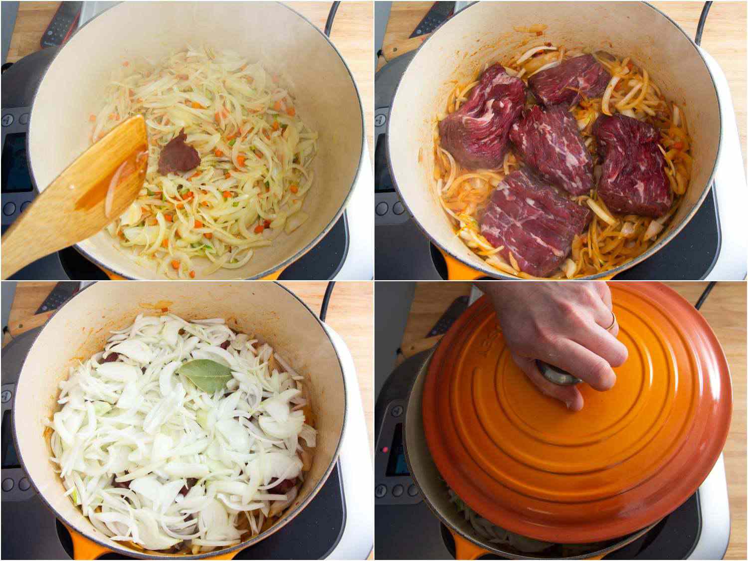 A four-image collage: The top left image shows onions, carrot and celery in a Dutch oven. The top right image shows beef pieces are resting on the vegetables and aromatics in the Dutch oven. The bottom left image shows more onions are layered on top of the meat. The bottom right image shows covering the Dutch oven with a lid. 
