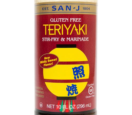 Closeup of bottle of San-J gluten free Teriyaki sauce