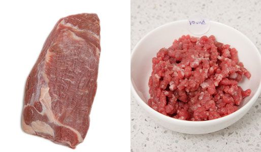 a whole raw lamb sirloin next to a bowl of ground lamb sirloin