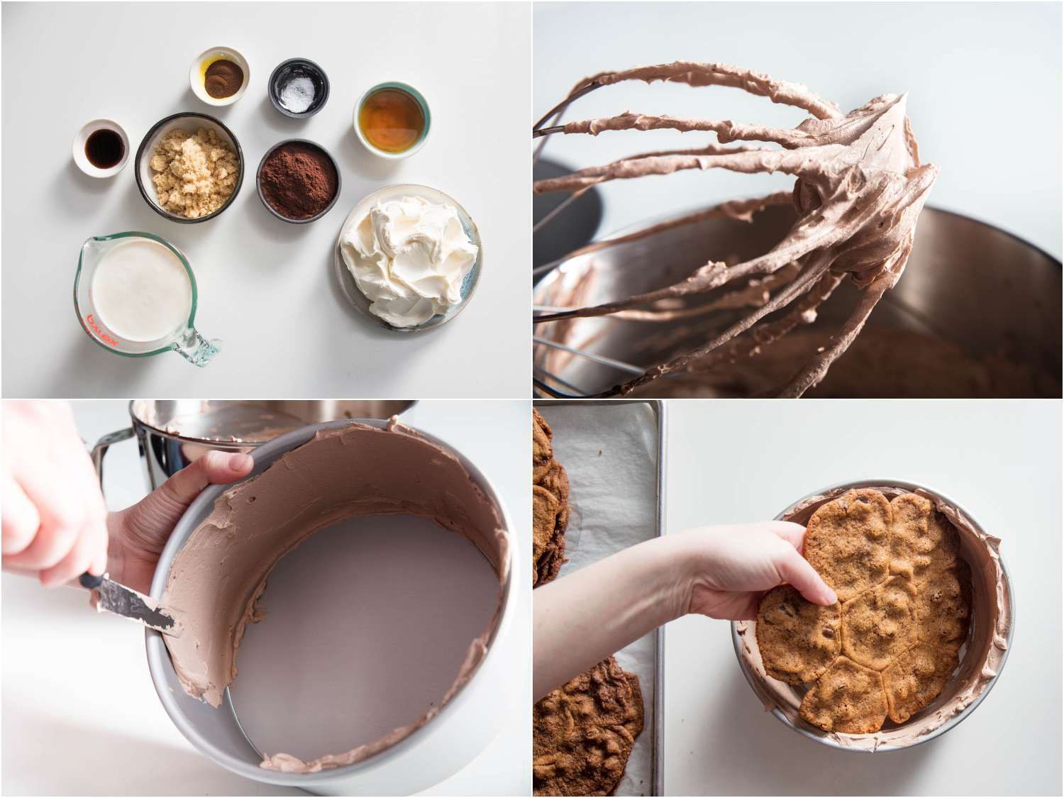 A collage: mocha whipped cream ingredients, thick texture of the finished whipped cream, and depiction of the thin but even layer of whipped cream used to line the pan
