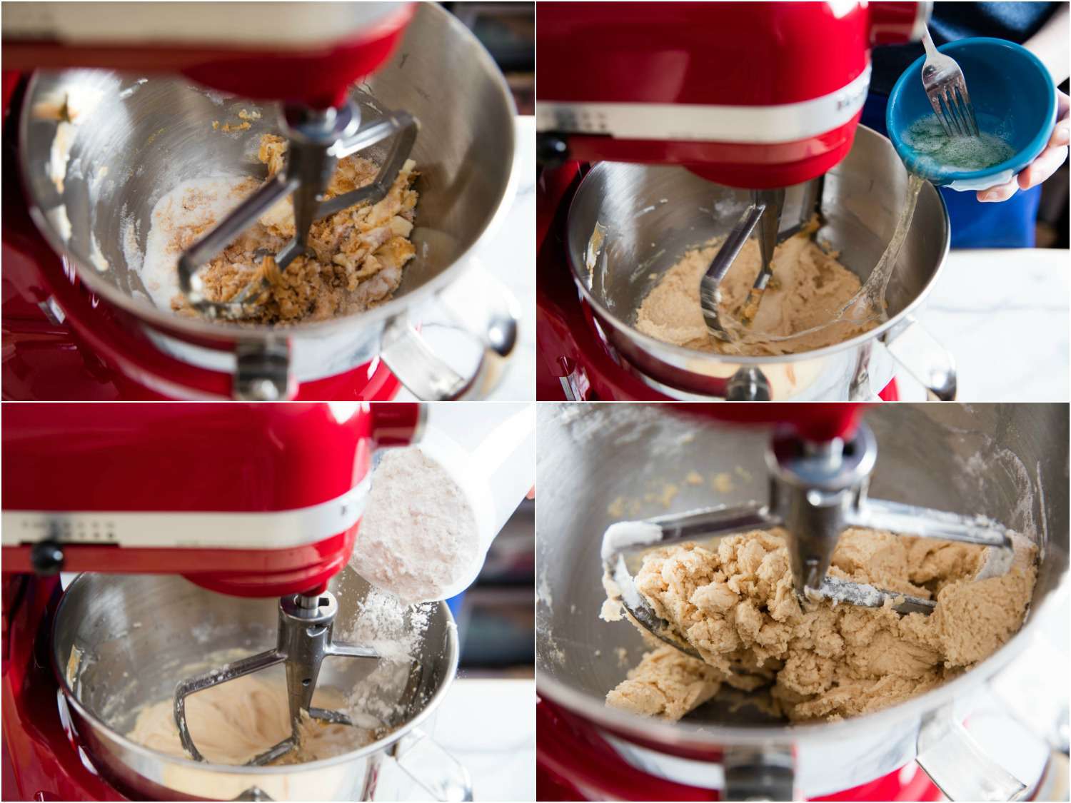 Collage of the peanut butter cookie dough being made in the bowl of a stand mixer.