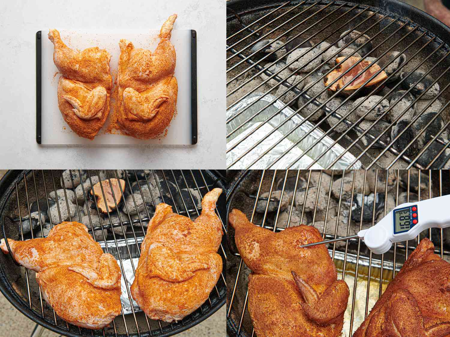 A collage of pictures of chicken on a grill: finished and halved, smoker set up, two halves on a grill rack, and same halves with a digital thermometer reading 189 degrees Fahrenheit.