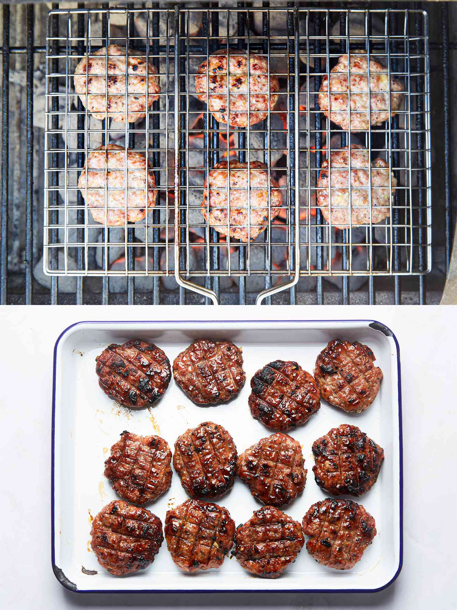 Two image collage of pork patties being grilled and after being placed on a plate