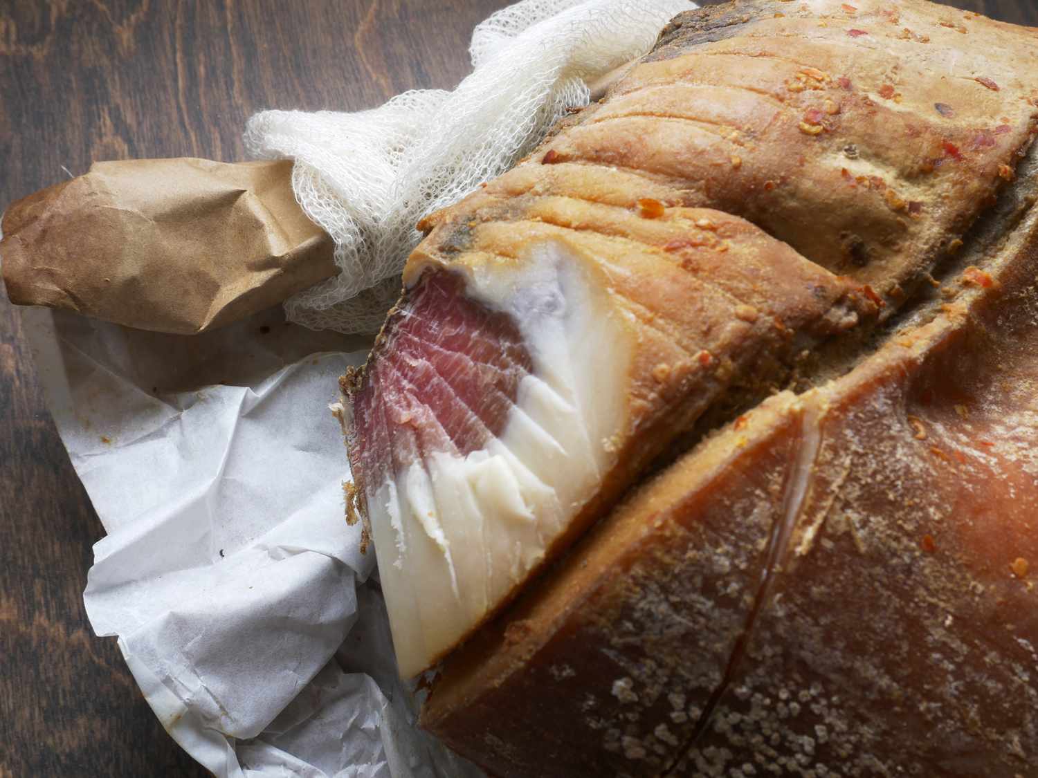 a closeup of a sliced part of the benton's ham, showcasing its proscuitto-like look