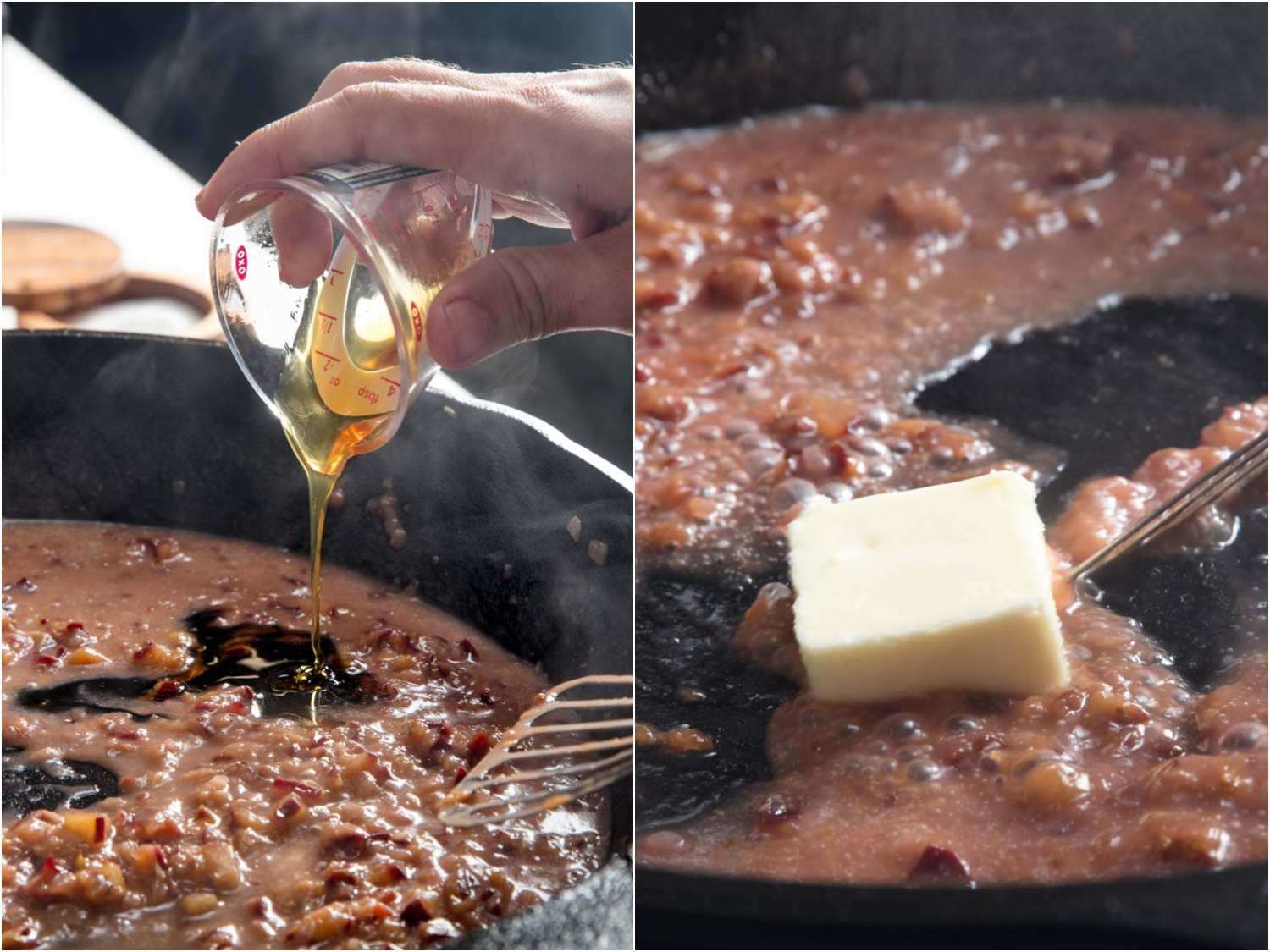 Collage of finishing trhe pan sauce with honey and butter.
