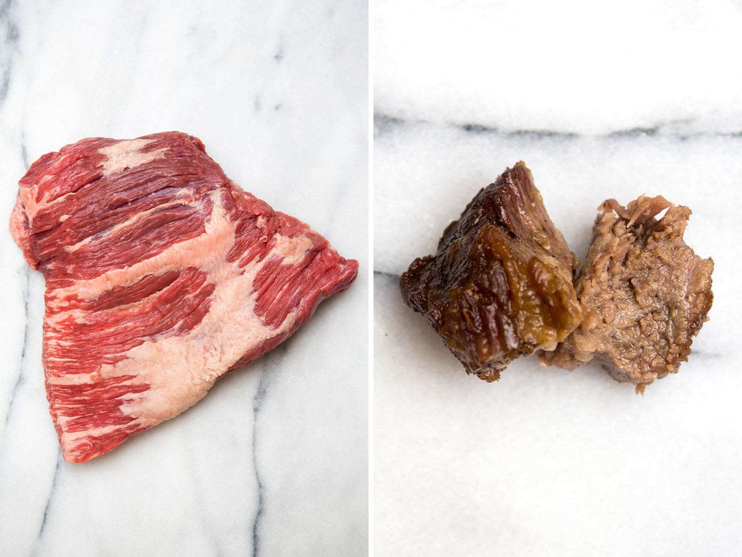 Fatty beef brisket, raw and after stewing