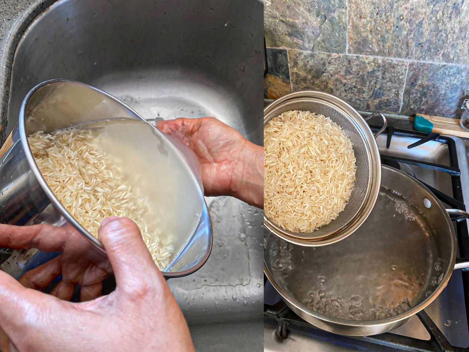 Person rinsing rice in a sink and placing the rice in a colander over a pot of boiling water