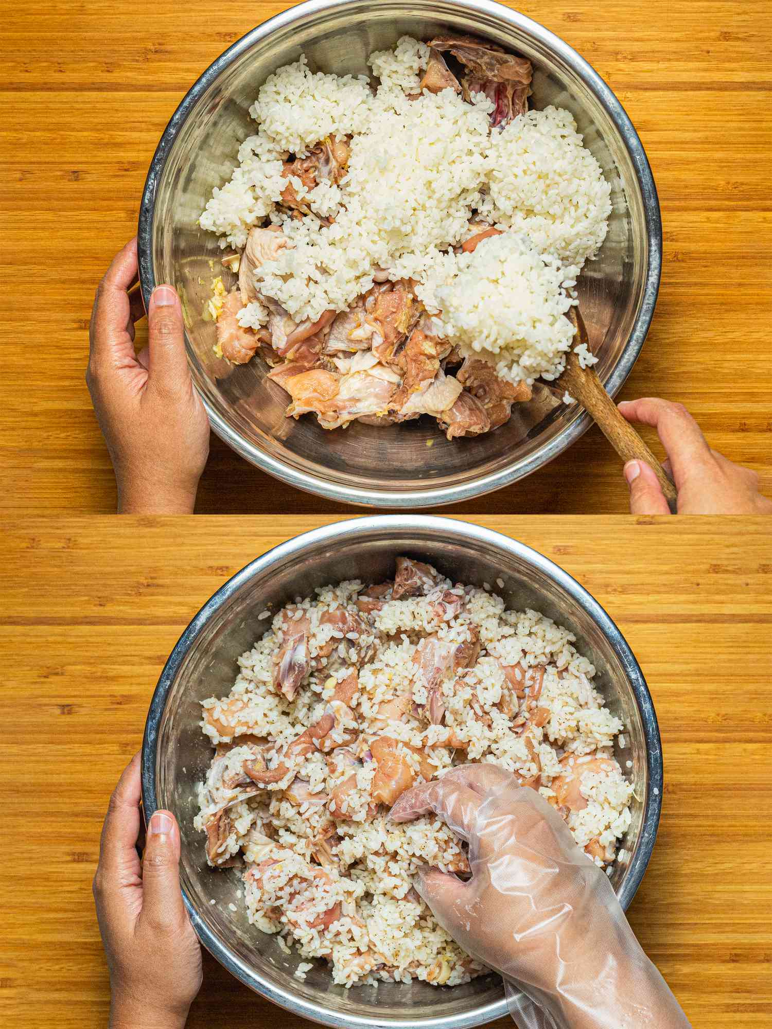 Two image collage of adding and mixing rice with chicken