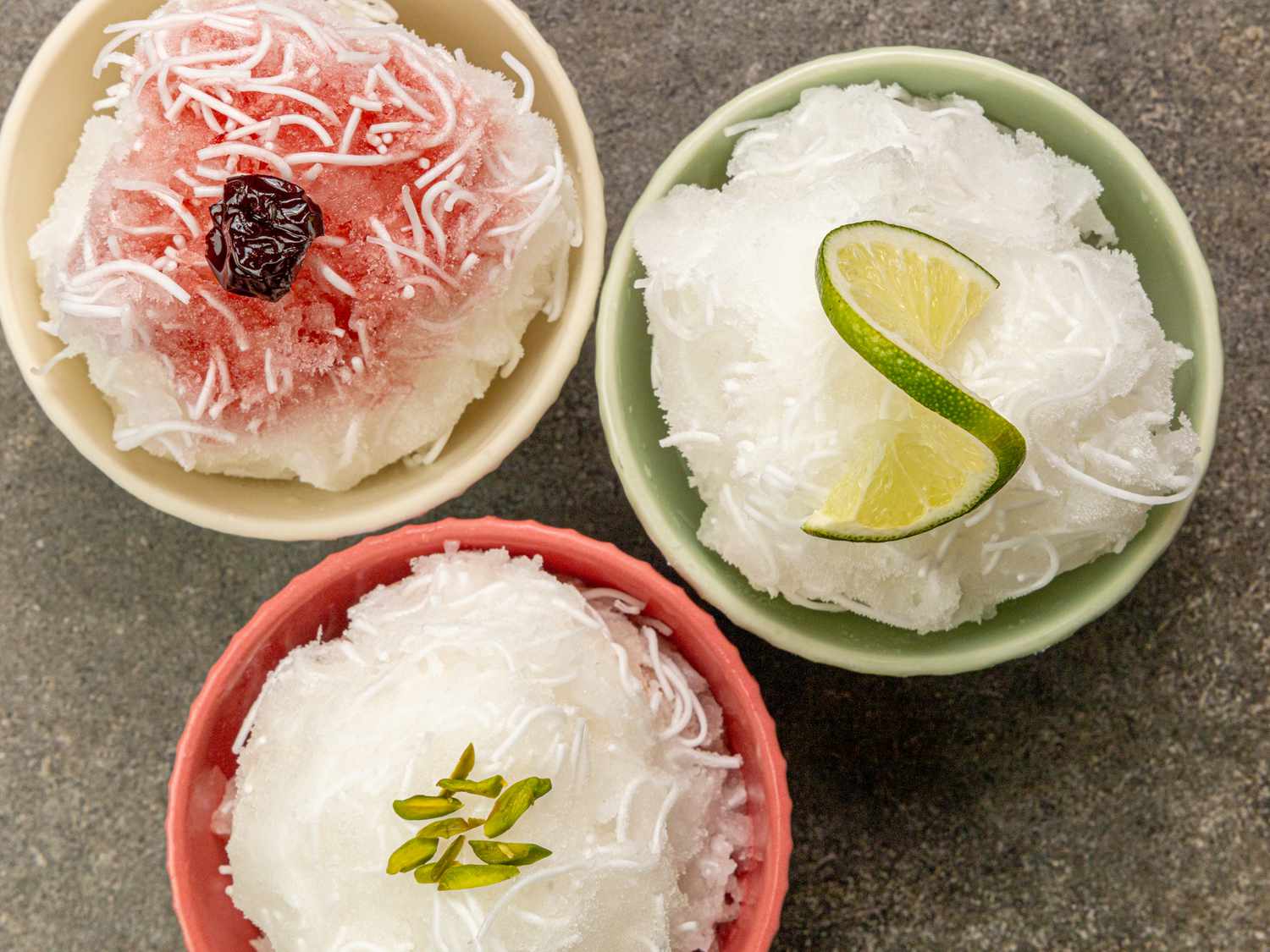 Overhead view of faloodeh in serving bowls