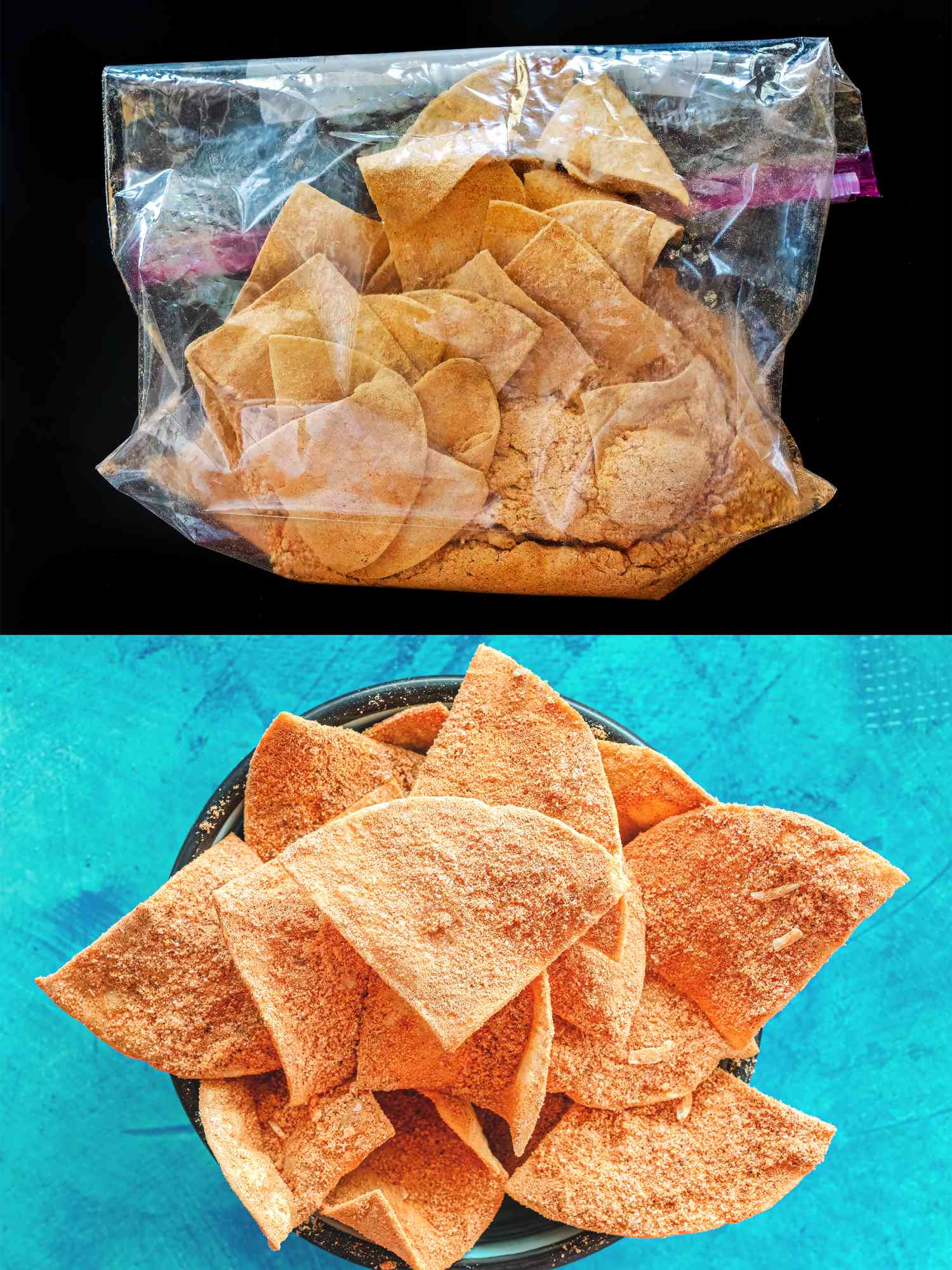 Two image collage of shaking chips and in a bowl