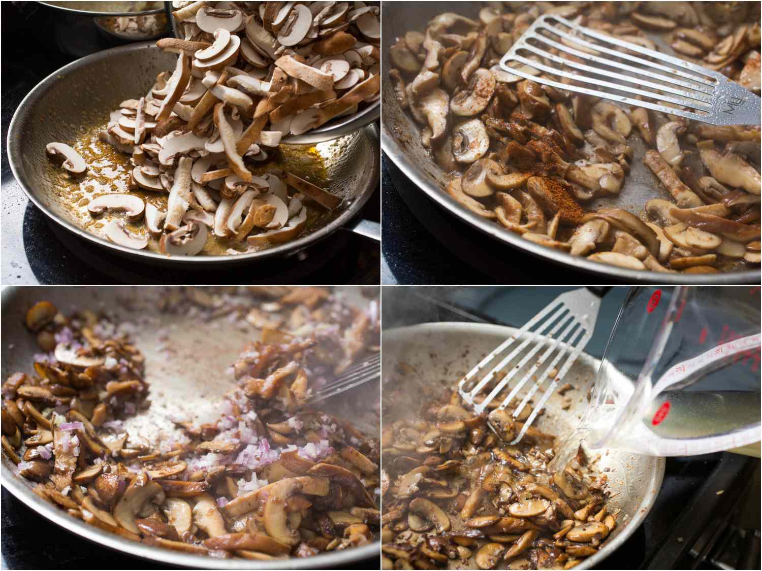 A collage: sauteing sliced mushrooms and adding liquid to the pan. 