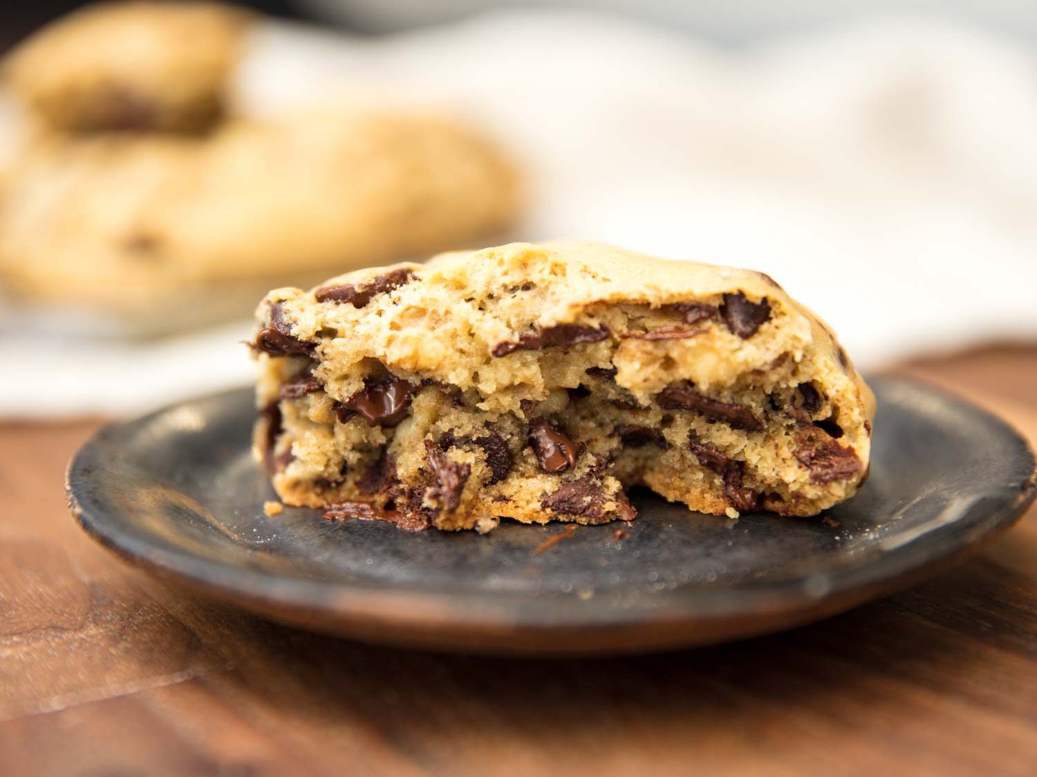 Interior of a Levain Bakery-style super thick chocolate chip cookie.