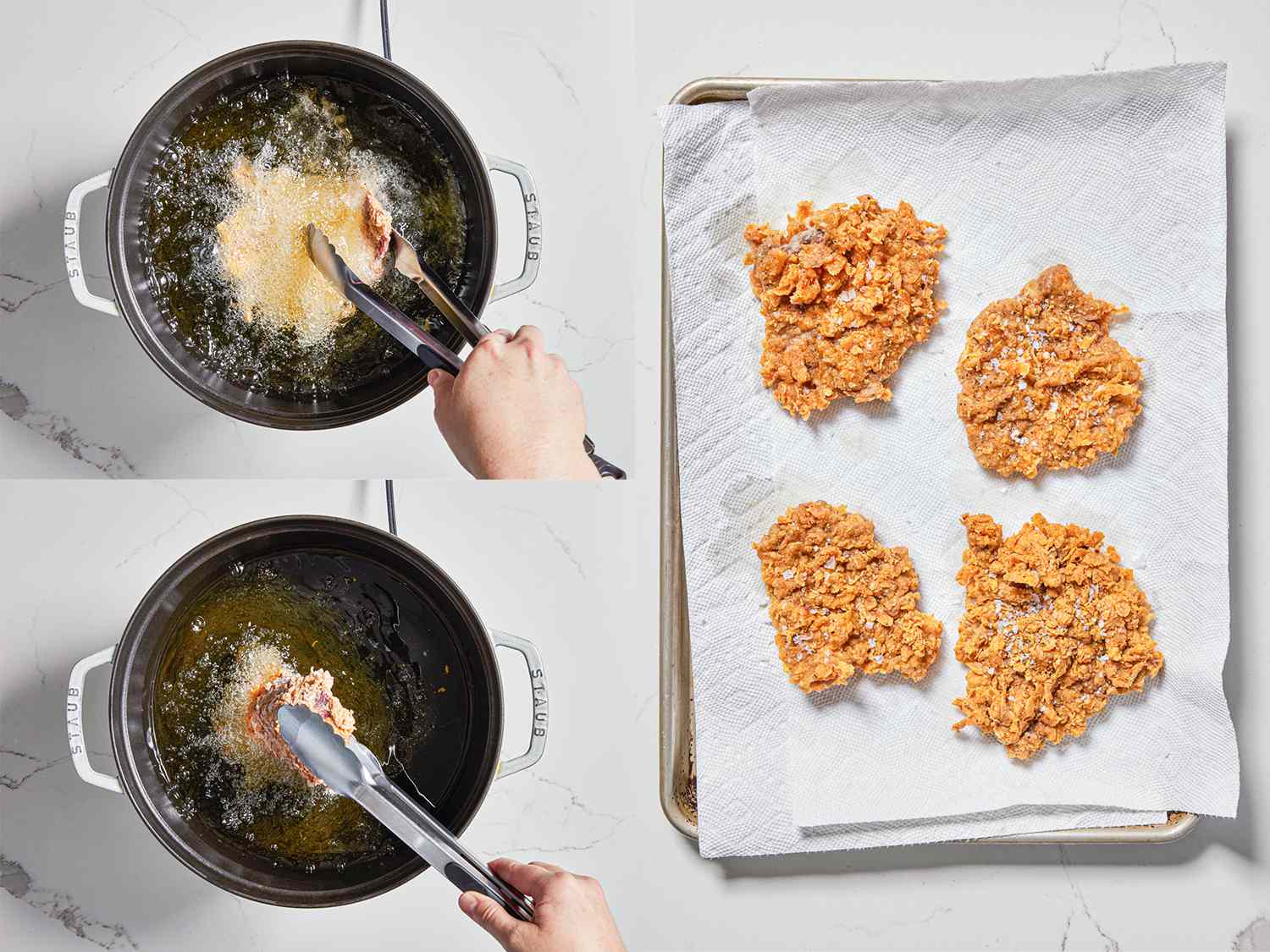 Three Image Collage of steaks being dunked into oil, lifted out of oil, and resting on a paper towel lined baking tray