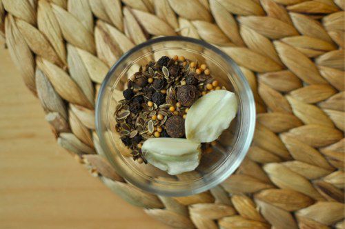 Overhead view of pint jar with garlic and pickling spices at the bottom.