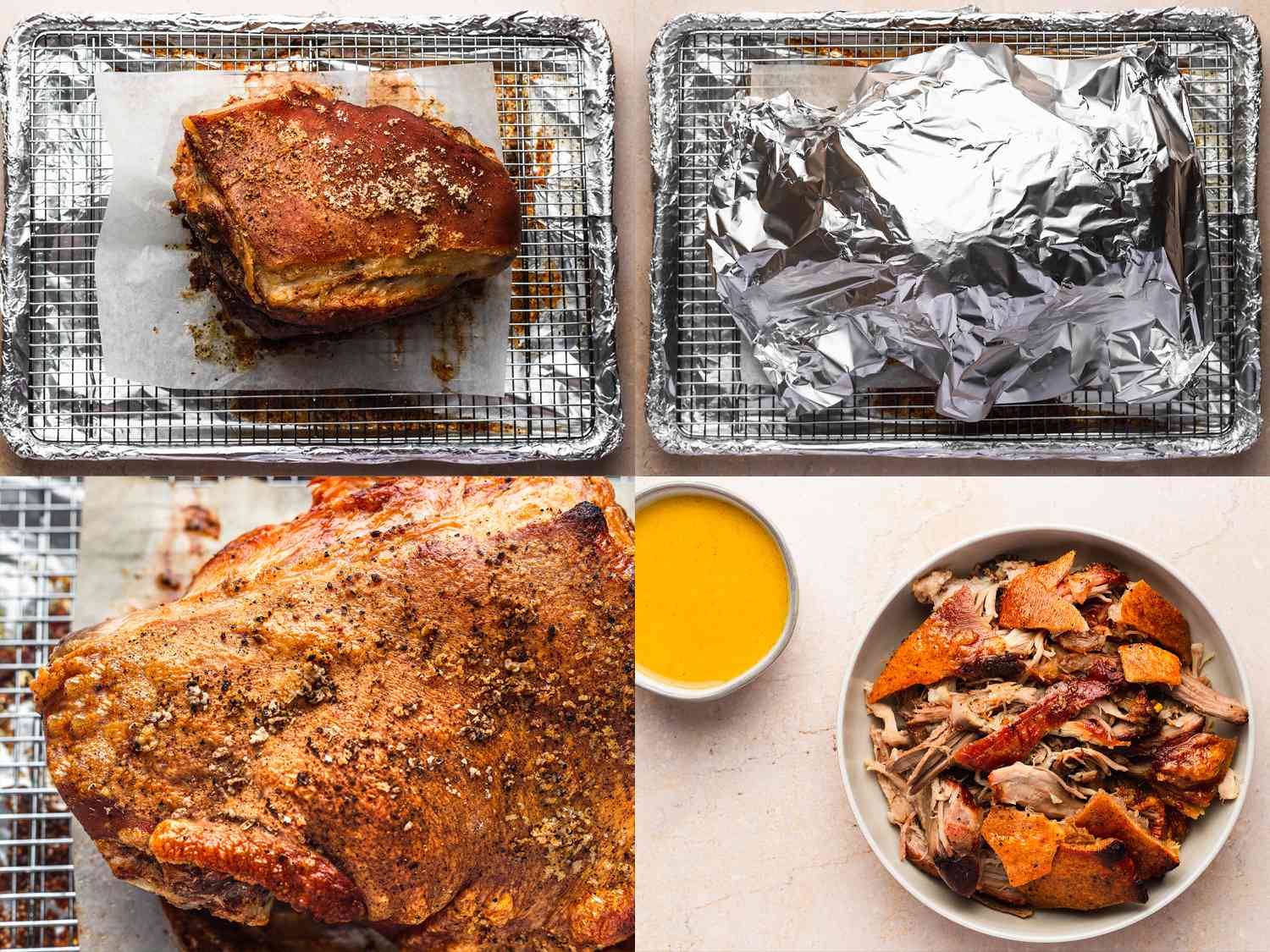 A four photo collage: Roasted pork shoulder on wire rack, roast covered with foil, a close-up of the roast, then shredded with dipping sauce