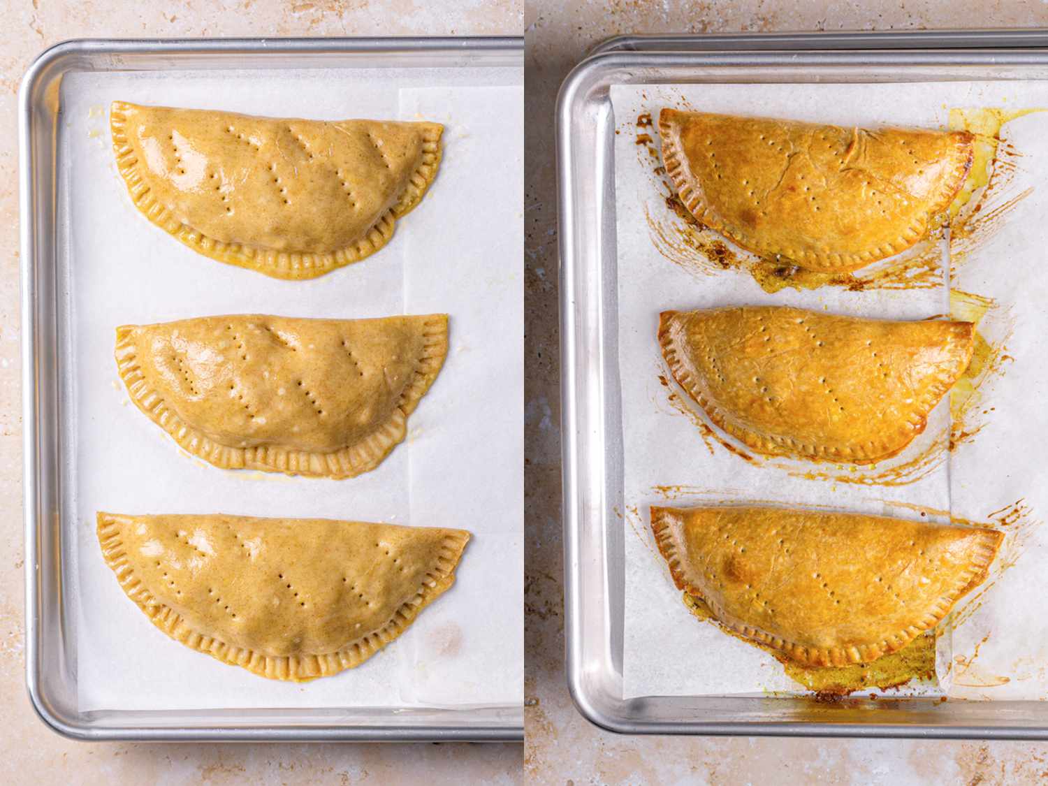 Egg-washed meat pies before and after baking.