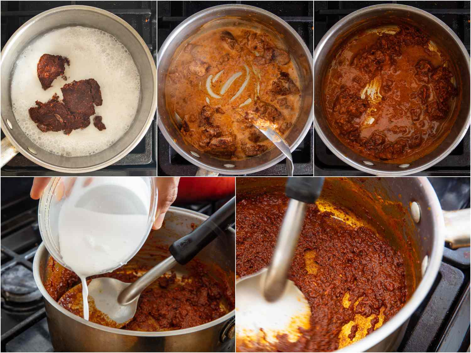collage: adding massaman curry paste to coconut milk and incorporating slowly by adding more coconut milk. final image shows fat beginning to separate