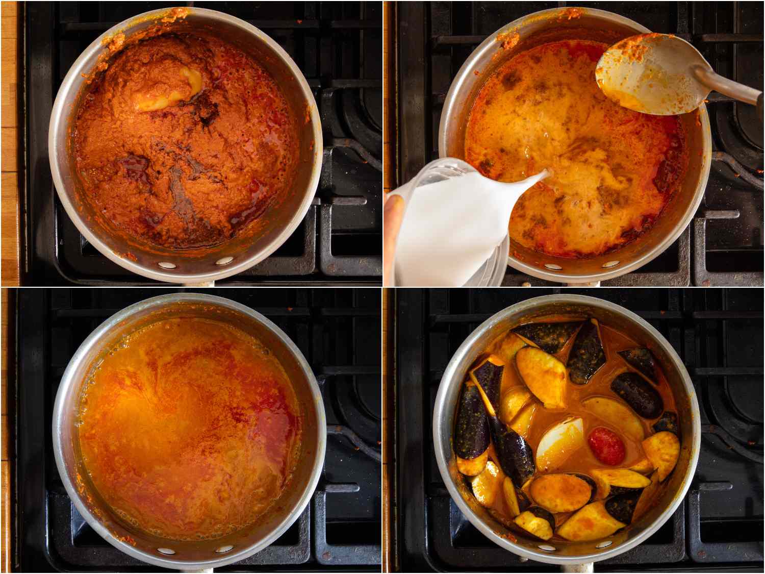 collage: fish sauce and palm sugar added; reserved thinned coconut milk added; simmering; potatoes and eggplant added