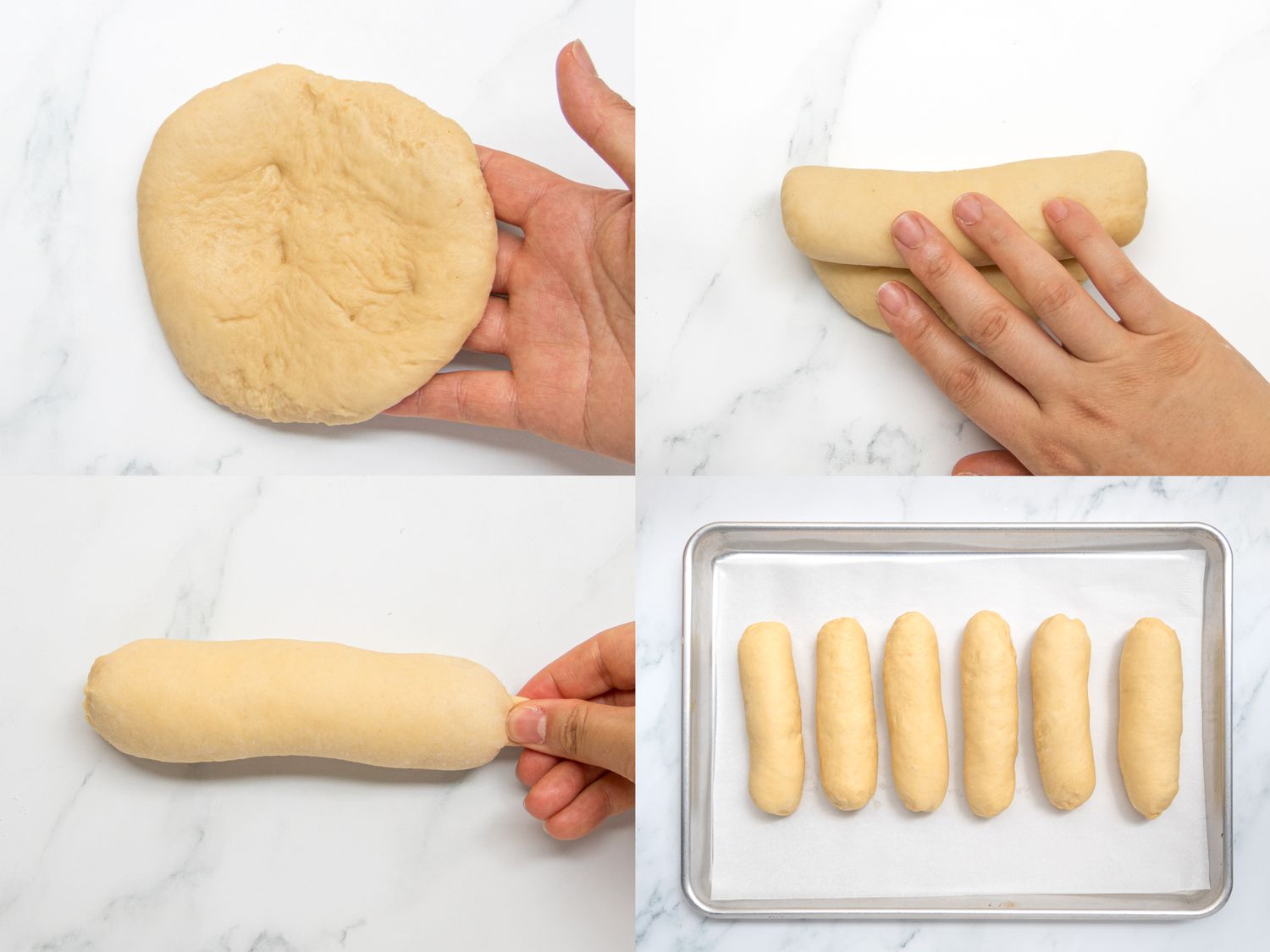 4 image collage. Top left: flattened pancake of dough, Top Right: rolling flattened dough into a spiral form. Bottom Left: Pinching the 2 ends of the dough log. Bottom Right: Rolling dough into a tight smooth ball.