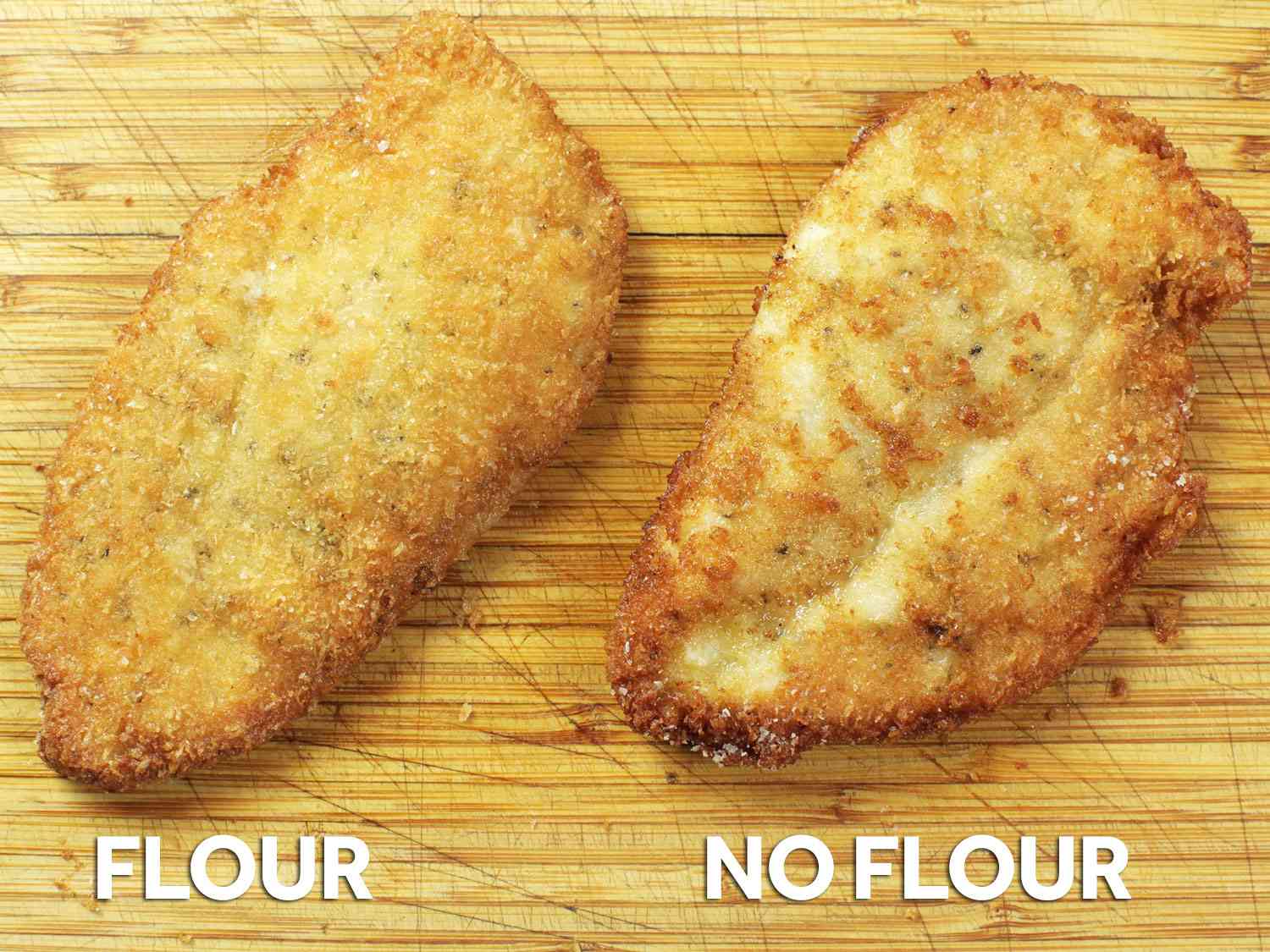 Side-by-side comparison of cutlet dredged in flour (left) and not dredged in flour (right). The floured cutlet looks more evenly brown, while the unfloured version is patchy.