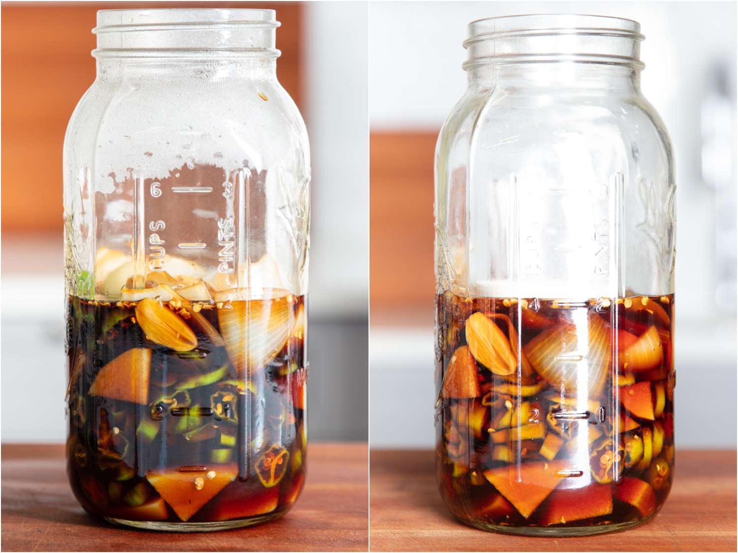 Vegetables and pickling liquid in a canning jar, with a canning weight placed on surface to keep vegetables submerged. 
