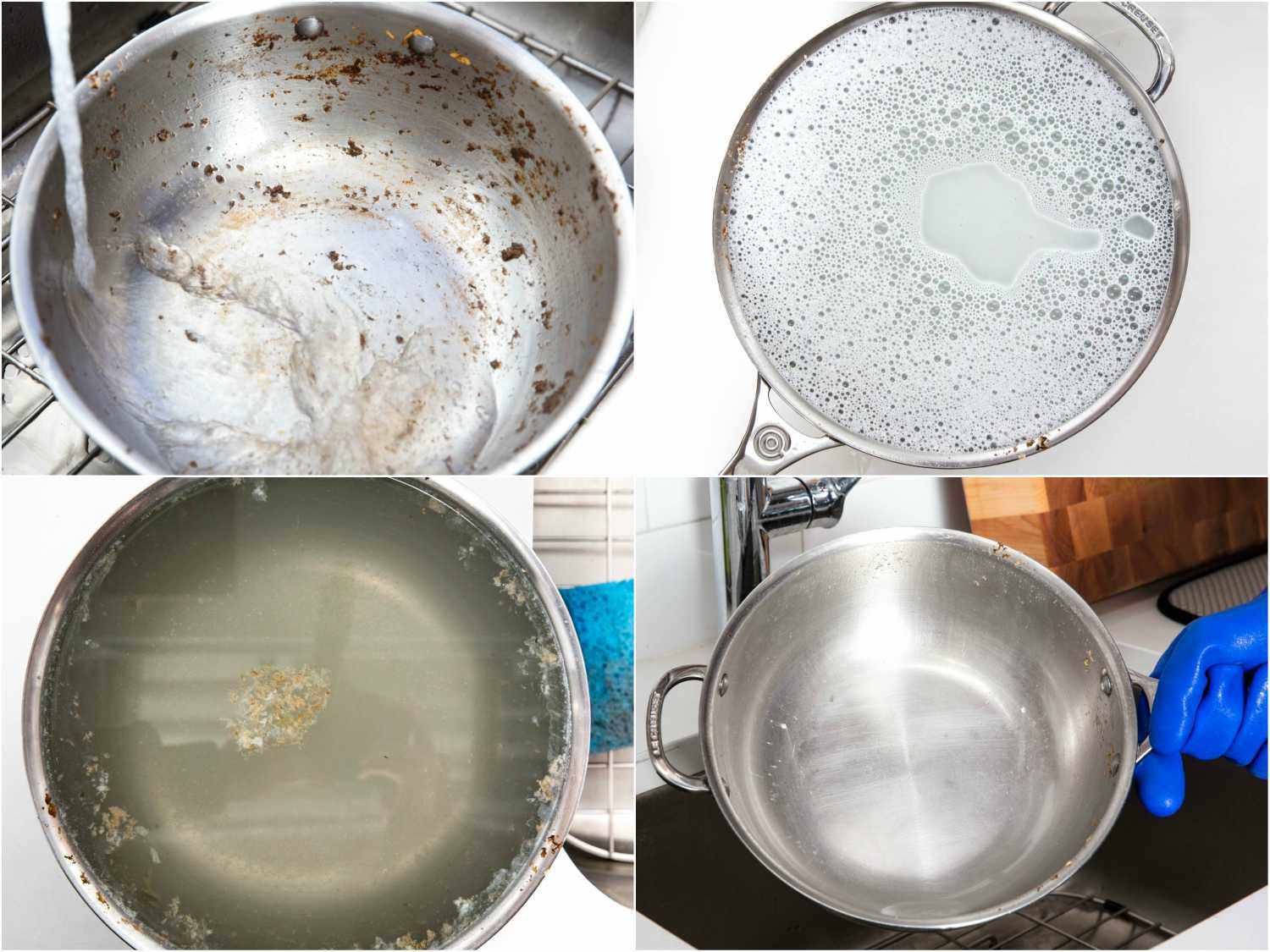 Collage showing stages of soaking a stainless steel pot: filling dirty pot with water, water with soap added, water with food bits floating on top, cleaned pot