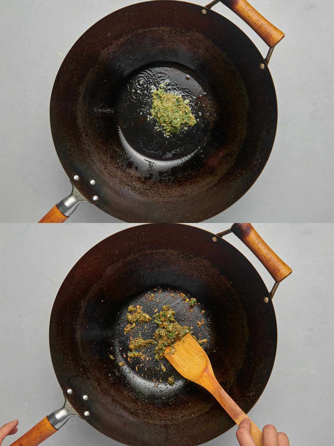 A two-image collage. The top image shows a seasoned carbon steel wok holding shimmering oil and the spice paste. The bottom image shows the spice paste being fried in the oil and moved with a wooden spatula.