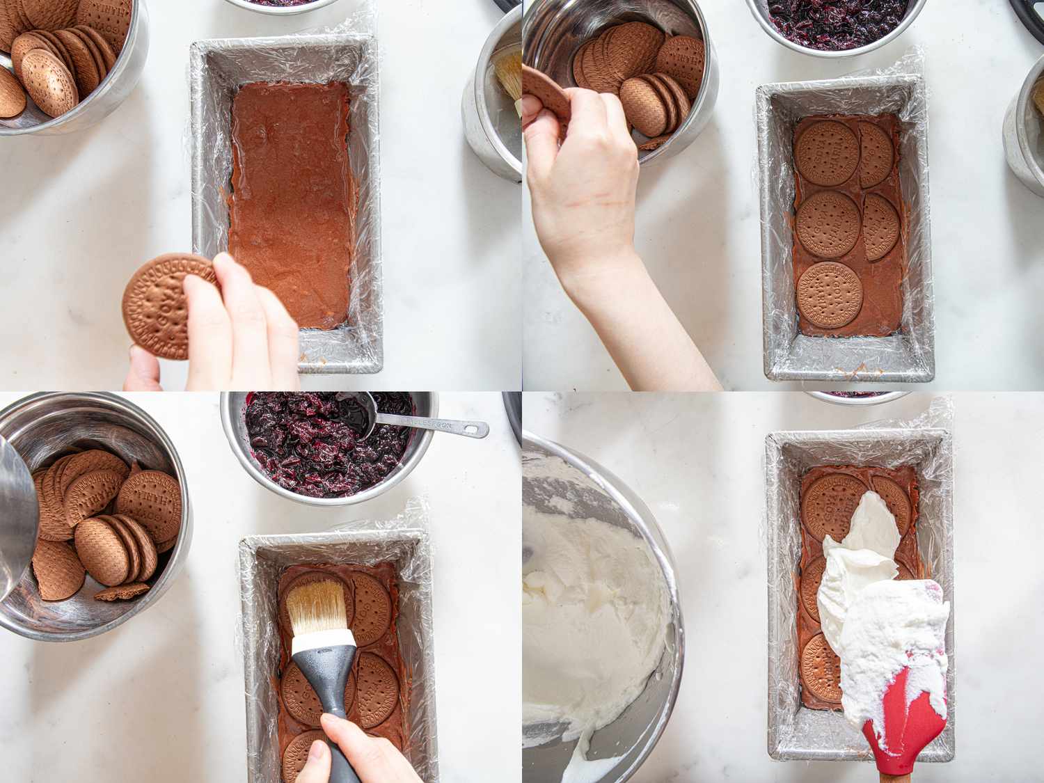 Overhead view of building black forest icebox cake
