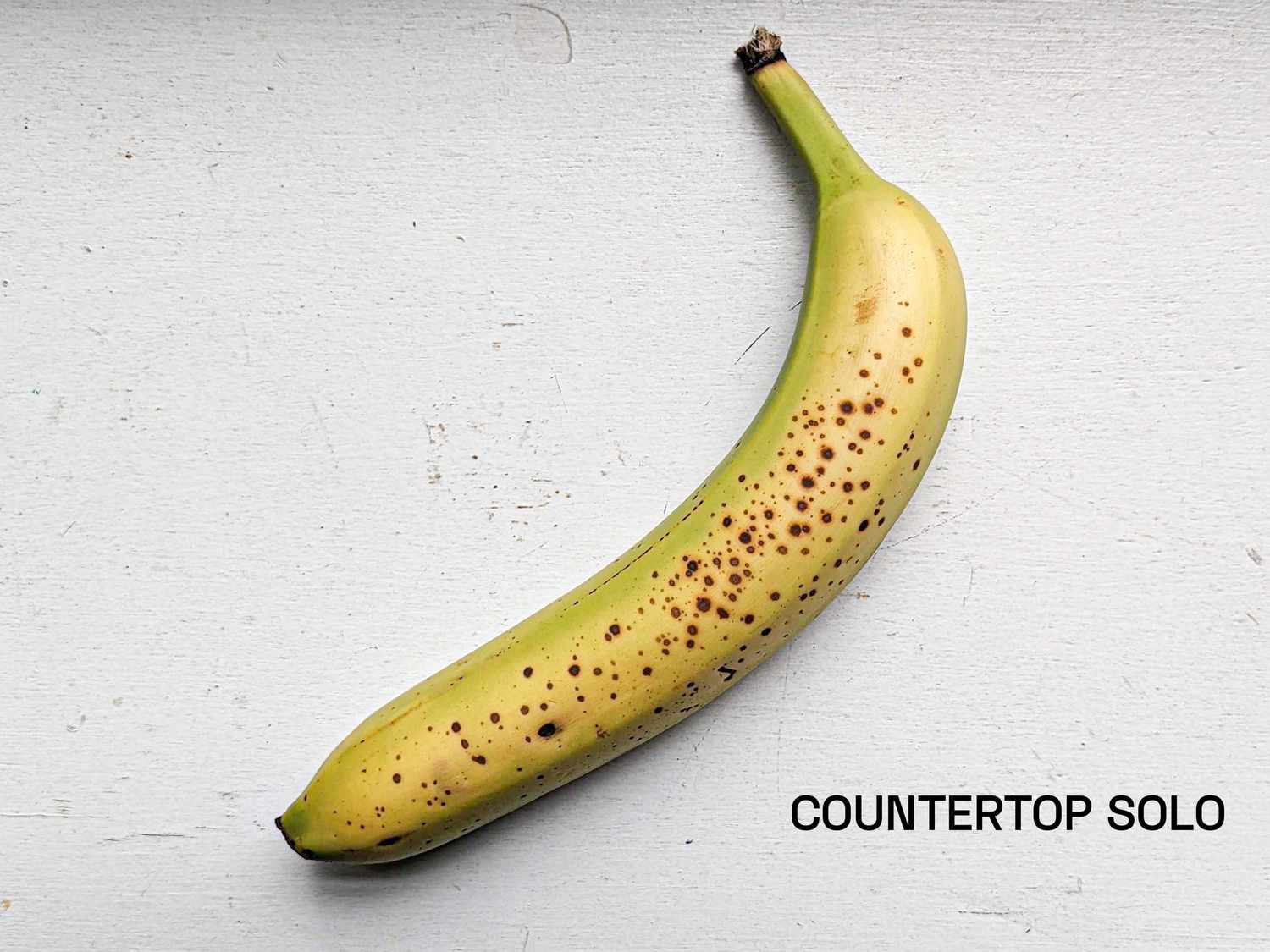 A banana stored by itself separate from the rest of its bunch. It shows decent ripening after three days with noticeable brown spotting.