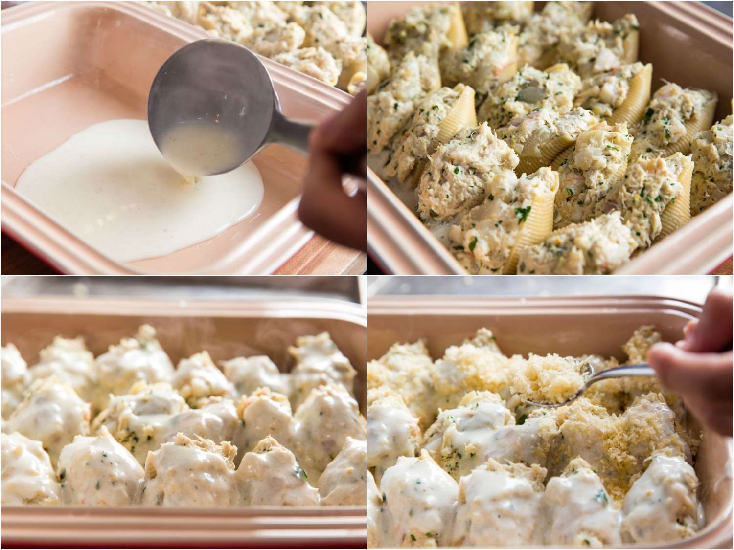 A four-image collage: spreading bechamel sauce on a baking dish with a ladle, adding stuffed pasta shells to the baking dish, adding another layer of bechamel sauce, and adding breadcrumbs on top.