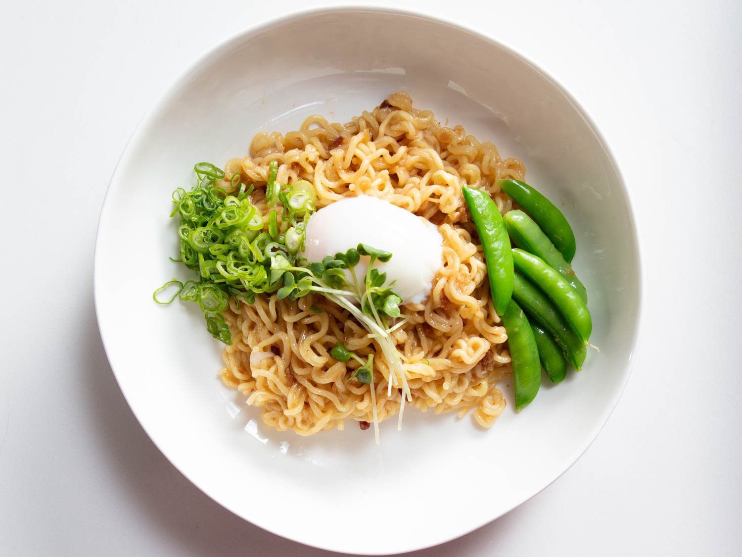 Overhead view of XO mazemen made with instant noodles