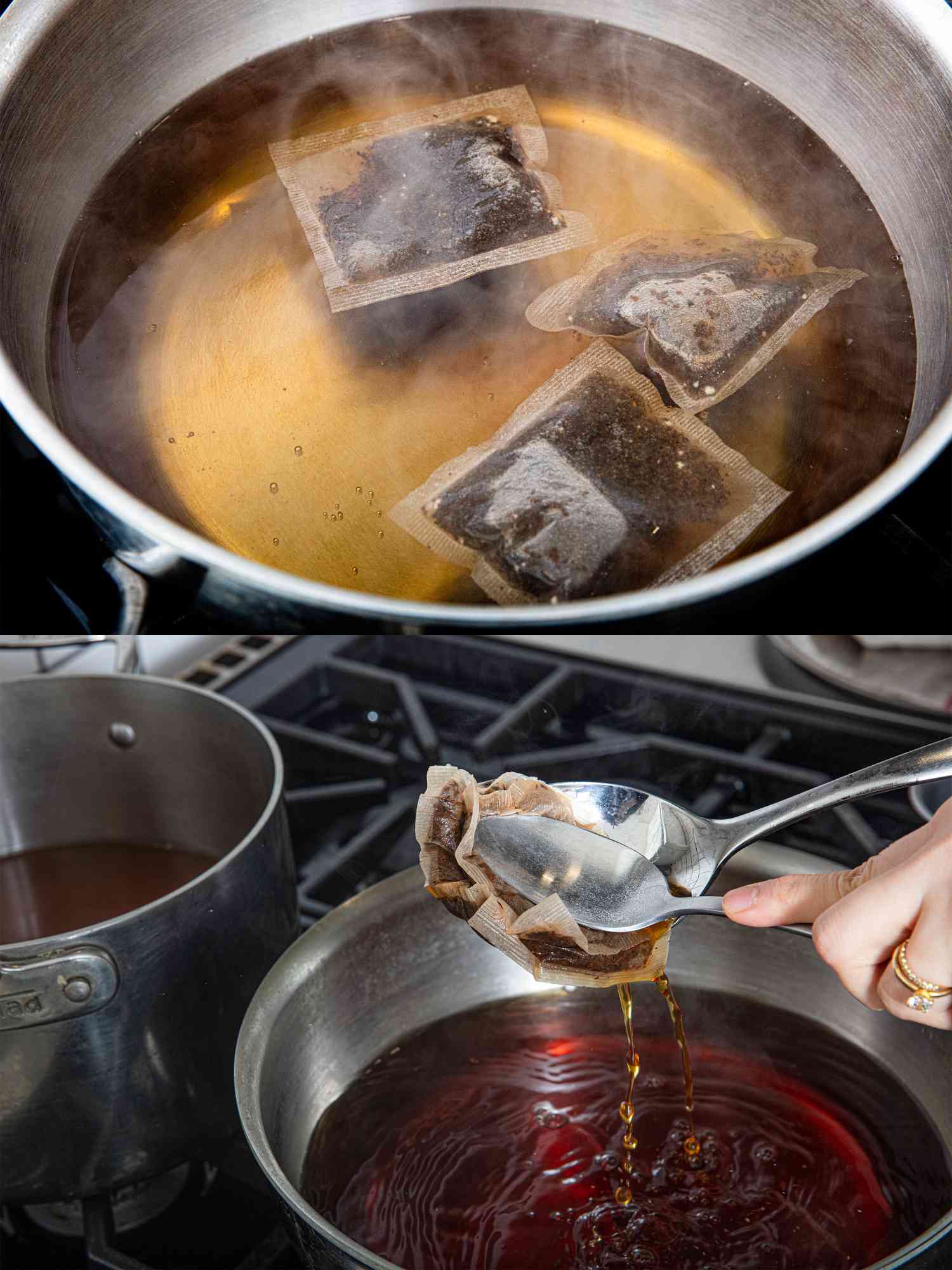 Two image collage of tea brewing and pressing tea together