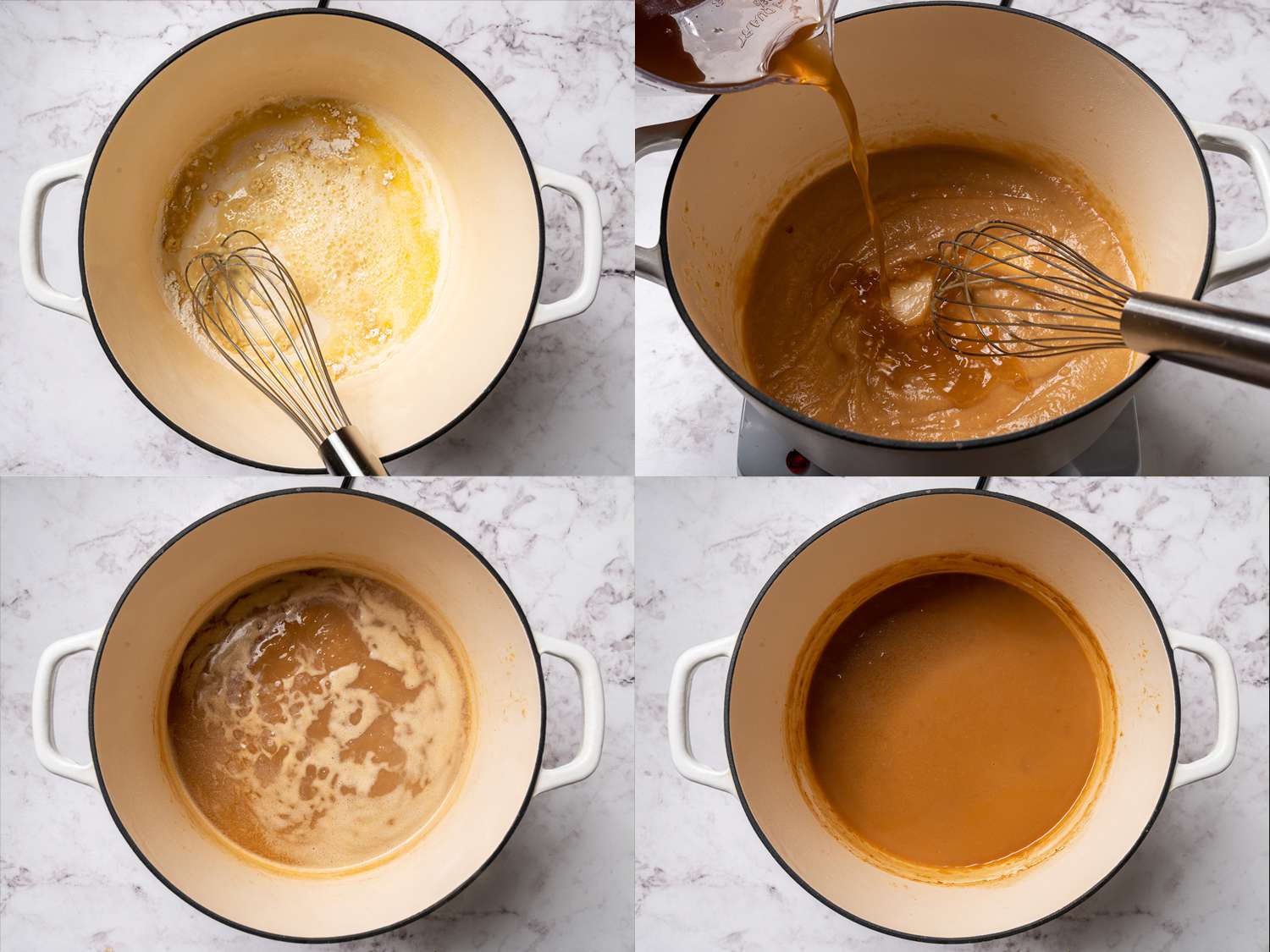 Butter melting in a sauce pan with flour, then adding stock and boil.