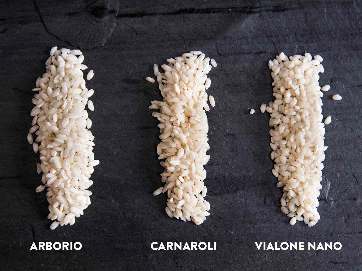 Three types of risotto rice: arborio, carnaroli, and vialone nano. 
