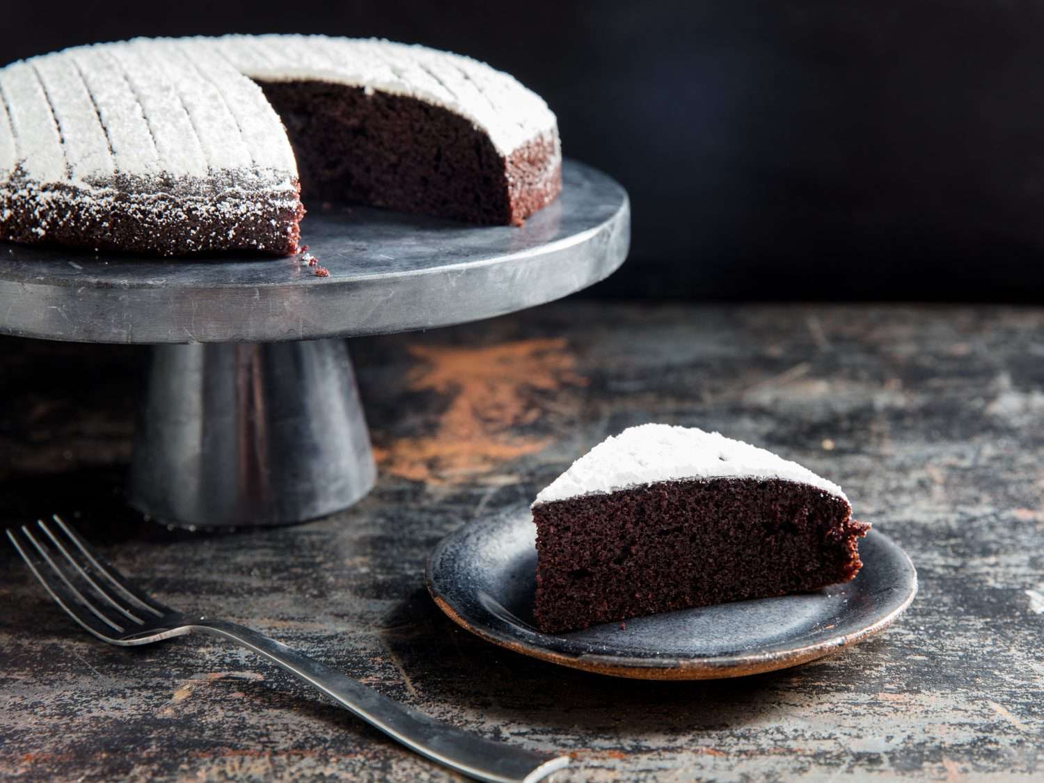 A slice of dairy-free chocolate cake.