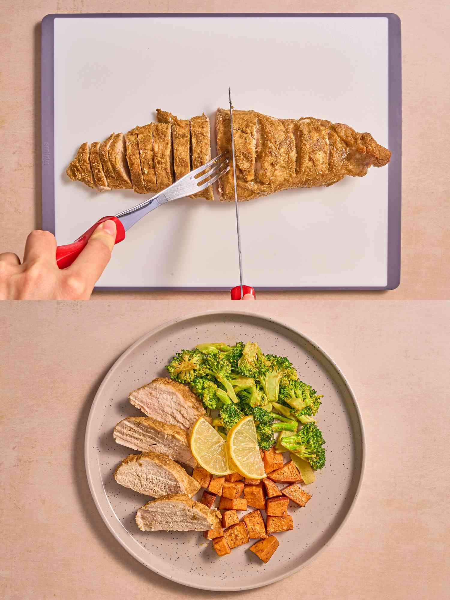 2 image collage. Top: Slicing the pork on a cutting board. Bottom: Plate of pork with vegetables and lemon slices. 