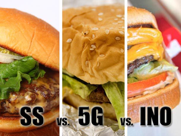 A split image showing burgers from Shake Shack, Five Guys, and In-N-Out.