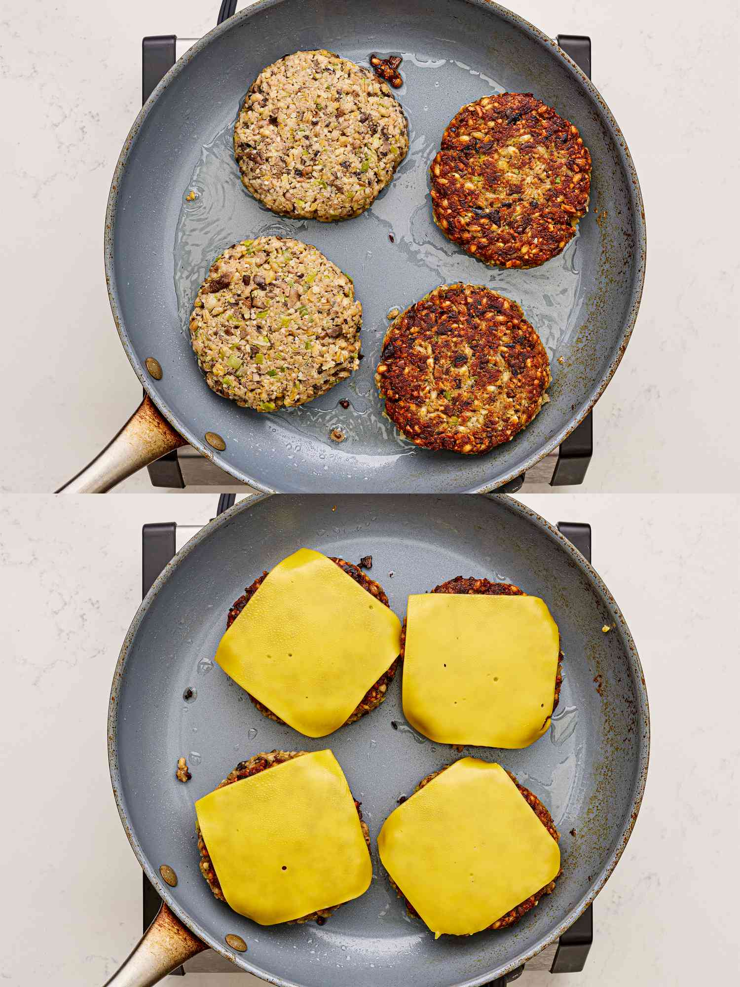 Two image collage of patties cooking in skillet and cheese being added