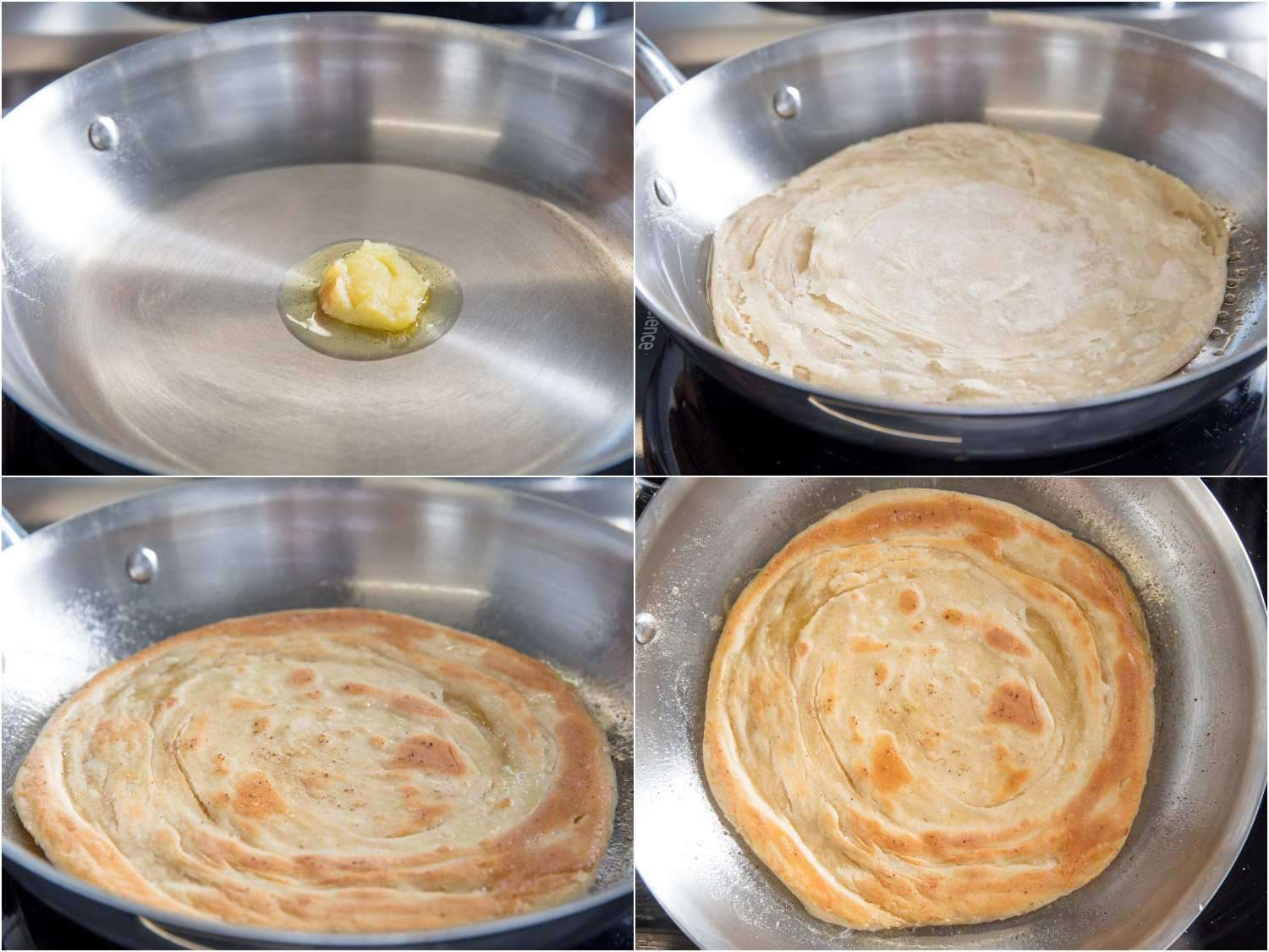 Collage of 4 images: Melting ghee in a skillet and cooking paratha until it's golden brown. 