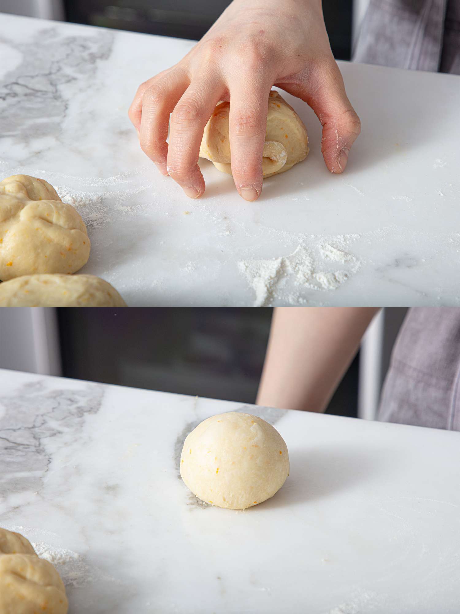 Two image collage of showing how to form a smooth dough ball
