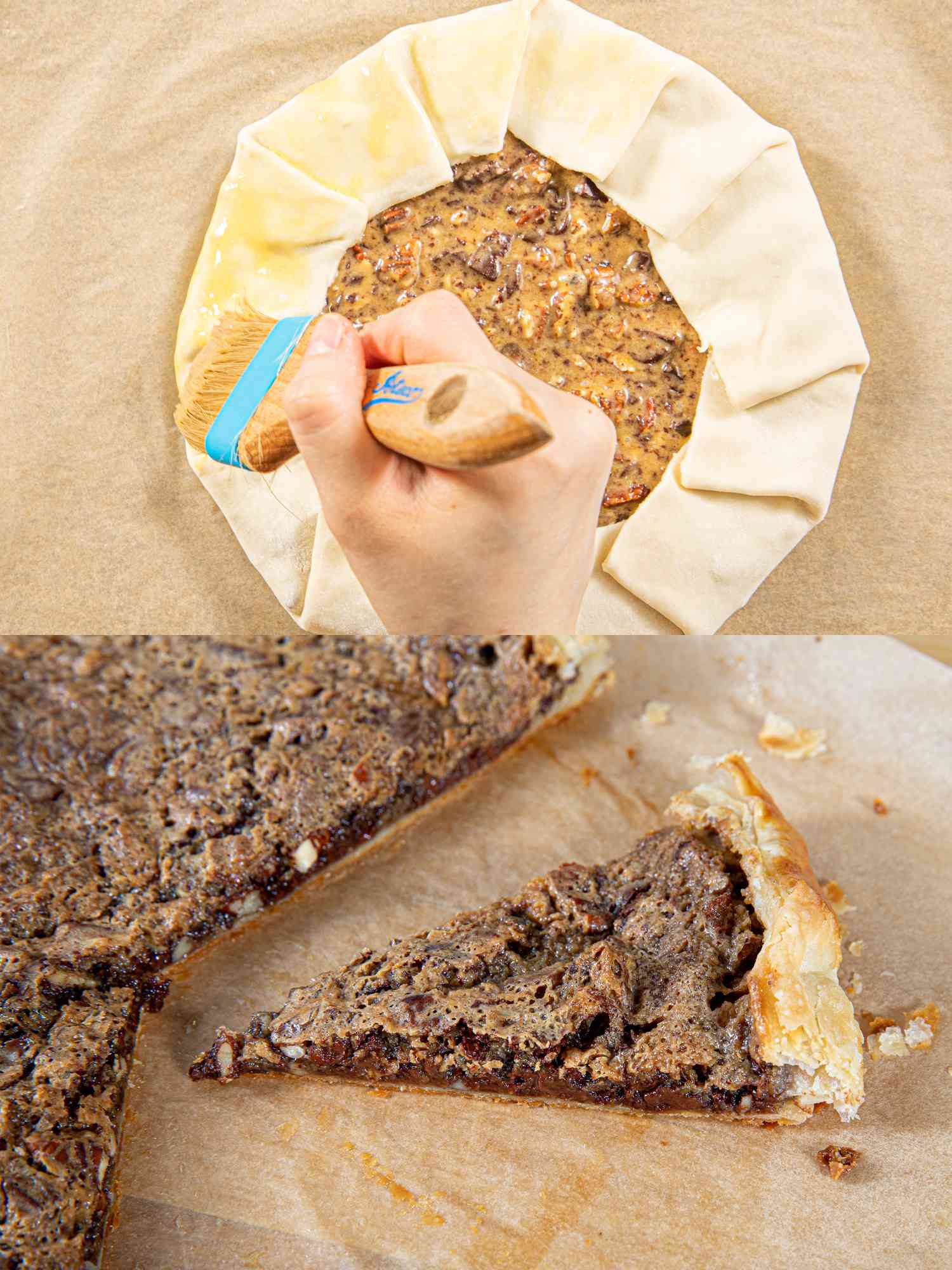 Two image collage of eggwashed dough and finished galette