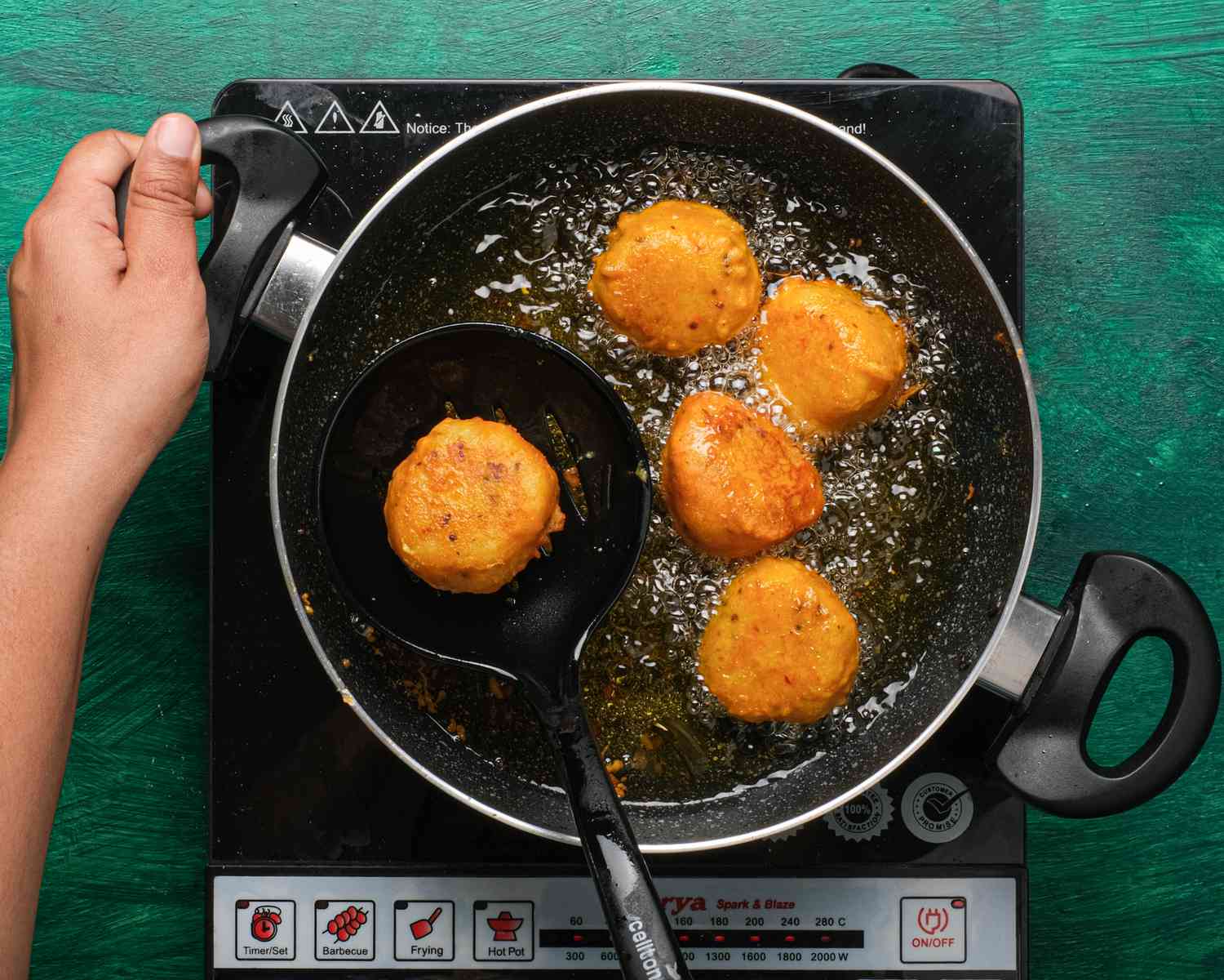 Overhead view of frying potatoes
