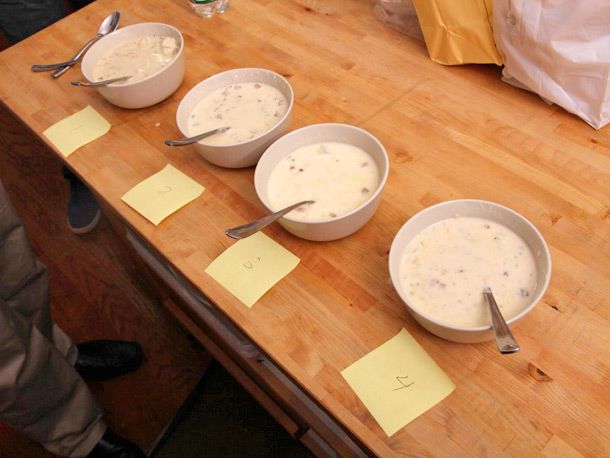 Four bowls of different test chowers lining up.